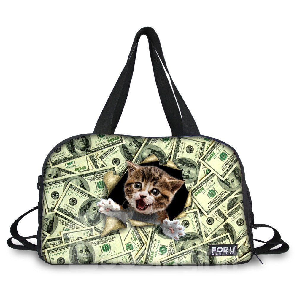 Cat with Money Pattern Nylon Large Capacity Shoulder 3D Travel Bags