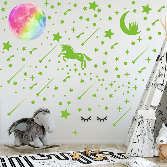 296 Uds. Pegatinas de pared de luna de unicornio luminosas que brillan en la oscuridad, calcomanía de techo para niños espaciales, decoración de dormitorio 