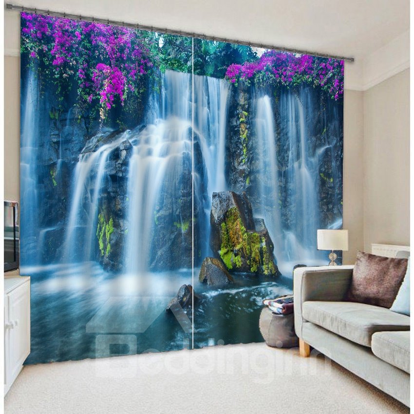 3D Wonderful Waterfalls with Purple Flowers Printed Natural Scenery Custom Curtain for Living Room