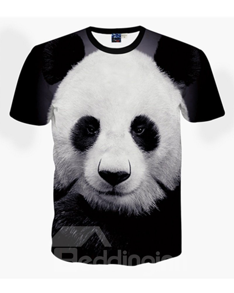 Niedliches schwarzes 3D-bemaltes T-Shirt mit Rundhalsausschnitt und Panda-Muster 