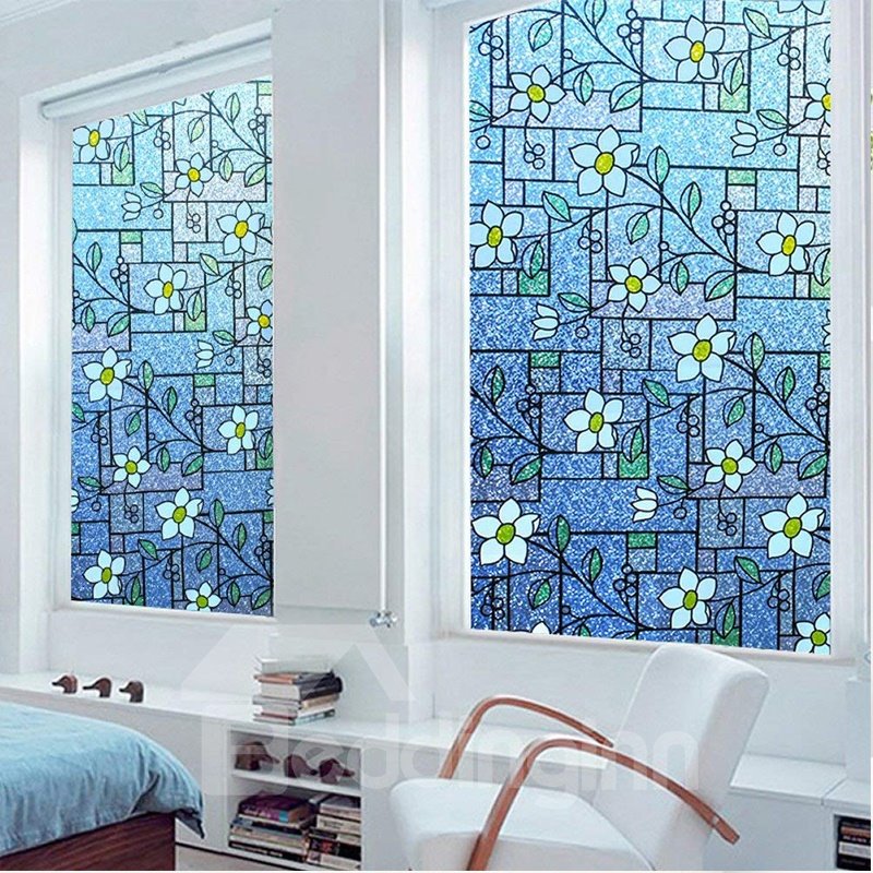 Painting Blue Flowers Window Film Stained Glass No-Glue Self Static Cling for Home