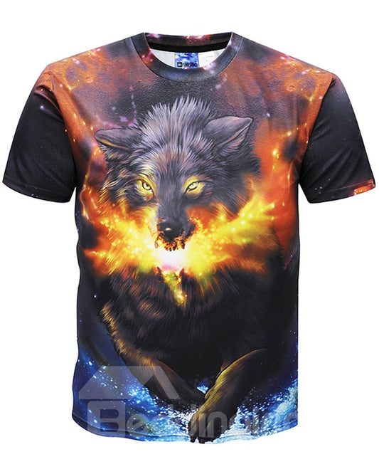 Camiseta de manga corta con estampado gráfico 3D de lobo psicodélico con cuello redondo para hombre