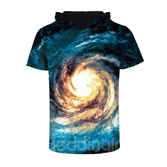 Galaxy Vortex Bequemes Rundhals-3D-Kurzarm-T-Shirt für Herren mit Kapuze