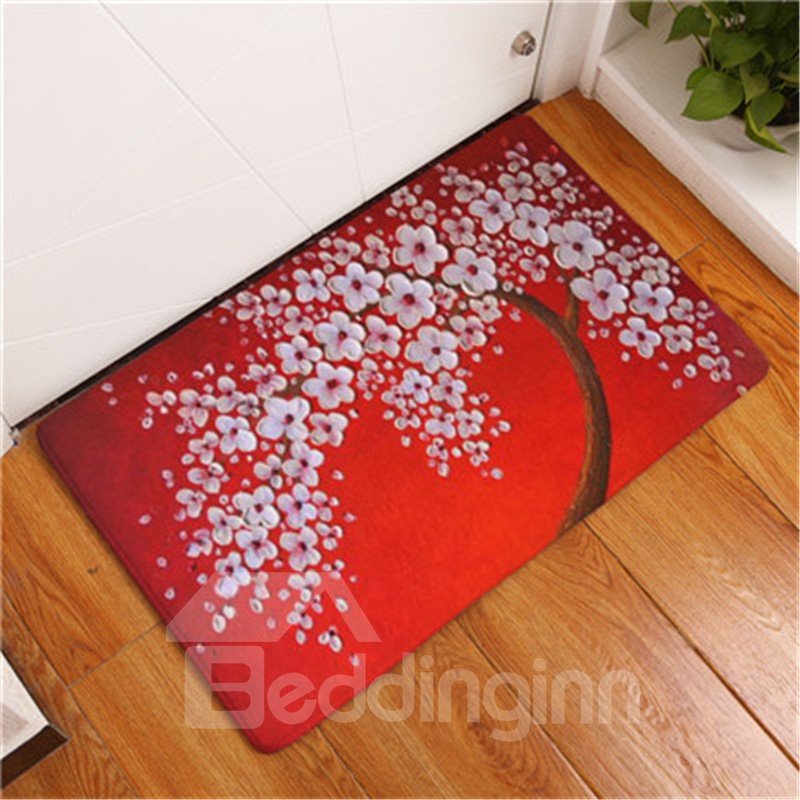 Alfombra/alfombra de baño roja suave y antideslizante con absorción de agua de franela de flores blancas de 16 × 24 pulgadas