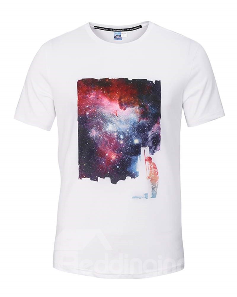 Camiseta pintada en 3D blanca con estampado de galaxia y hombre con cuello redondo de moda