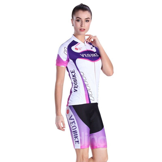 Jersey de ciclismo para mujer de manga corta con pantalones acolchados 3D con estampado morado