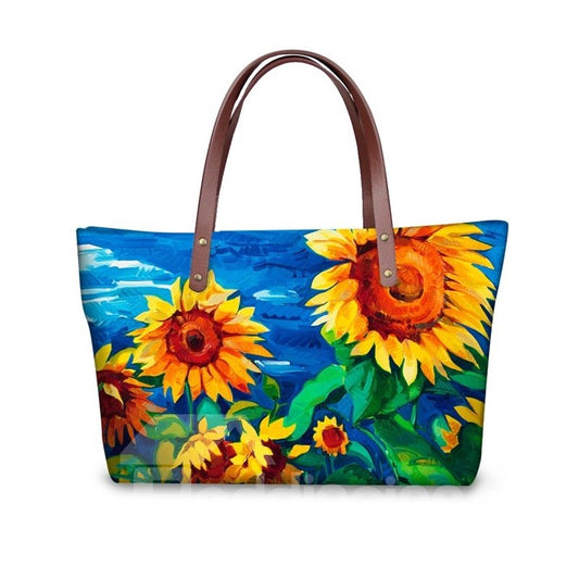 Sunflower Floral Painting Pattern Waterproof Sturdy 3D Printed for Women Girls Shoulder HandBags