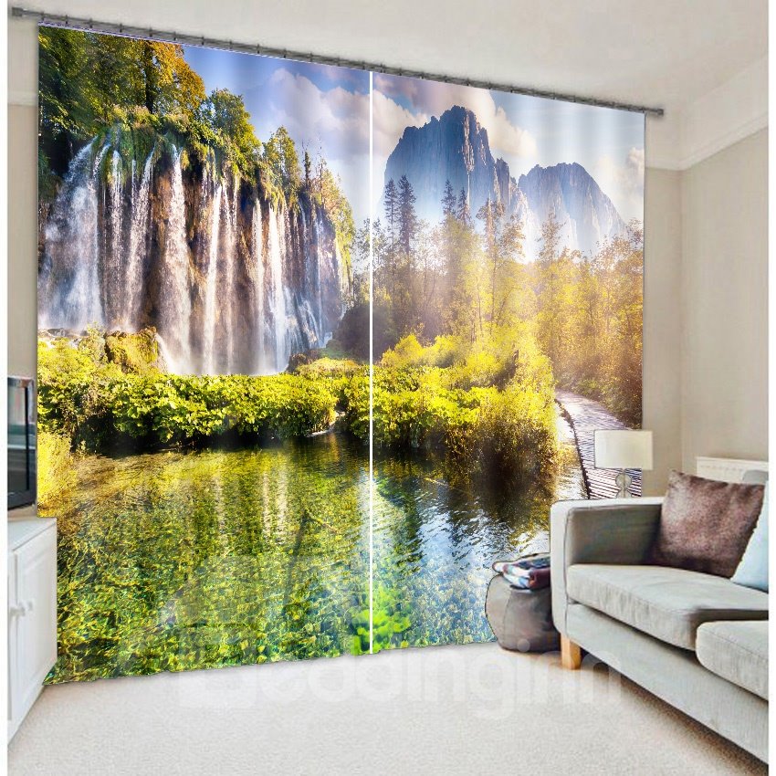 Splendid Mountains and River with Trees Nature Scenery Printing Custom 3D Curtain