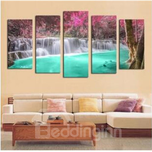 Green Lake and Waterfall Hanging 5-Piece Canvas Non-framed Wall Prints
