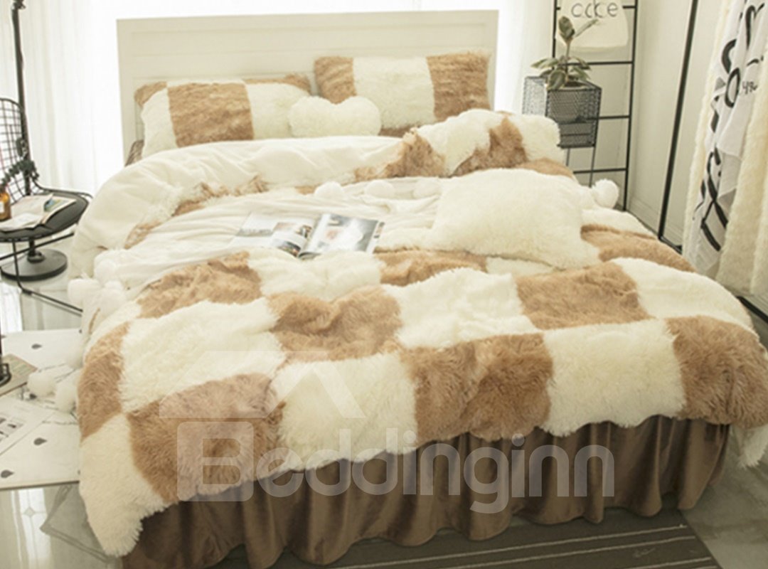 Brown and White Plaid Fluffy Bed Skirt 4-Piece Soft Bedding Sets/Duvet Cover