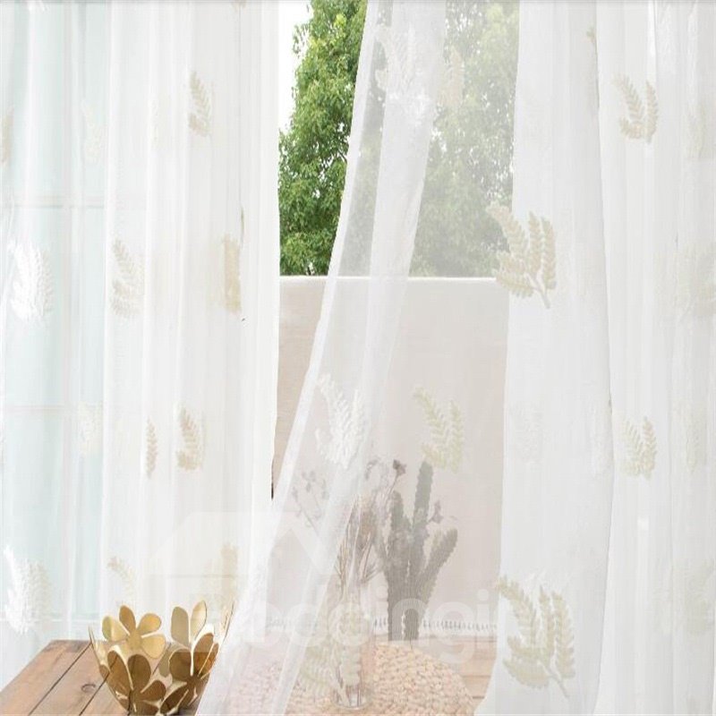Concise and Pastoral Style Solid White with Leaves Custom Living Room Sheer Curtain