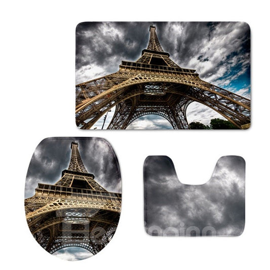 Tower Pattern 3-Piece Flannel PVC Soft Water-Absorption Anti-slid Toilet Seat Covers