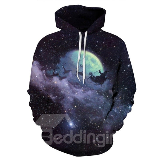 Sudadera con capucha con patrón navideño 3D Night Moon Sky de manga larga