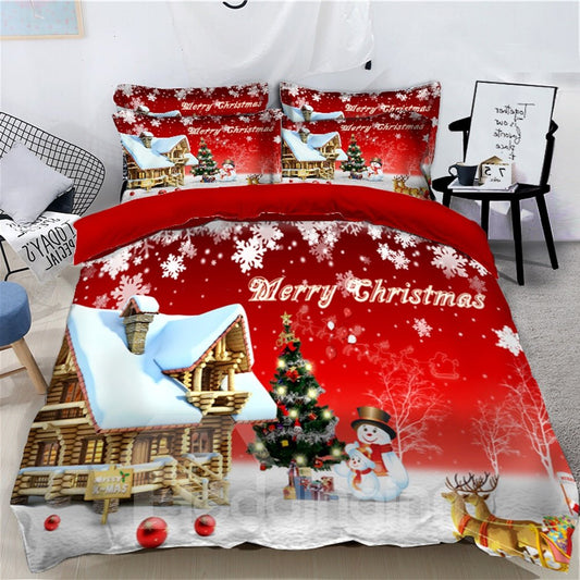 Snowman and Reindeer Printed Snow 3D 4-Piece Christmas Bedding Sets Duvet Covers Colorfast Wear-resistant Endurable Skin-friendly All-Season Ultra-soft Microfiber No-fading