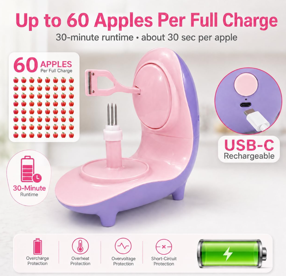 Electric Apple Peeler Tool with Apple Slicer Corer, USB-C Rechargeable Automatic Apple Peeler Machine, Apple Skin Peeler for Apples & Pears, Peels in 30 Seconds, Up to 60 Apples per Charge, Purple