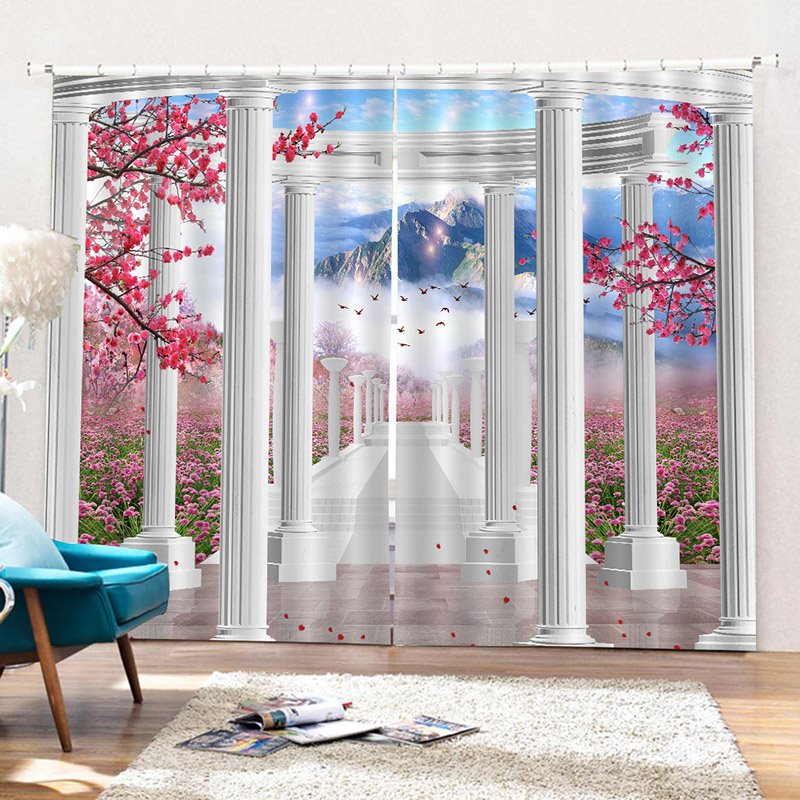 Cortinas opacas con estampado 3D de paisaje creativo, flores y montañas, 2 paneles personalizados, cortinas para sala de estar, dormitorio, decoración, sin pelusas, sin decoloración, sin forro de poliéster 