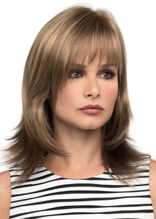Women's Medium Shaggy Layered Straight Synthetic Hair Wigs With Bangs Capless 130% 16 Inches Wigs