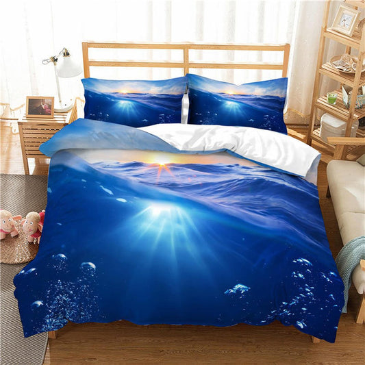 Juego de funda nórdica de 4 piezas Patrón de fondo marino azul Impresión reactiva Limpieza en seco Juegos de cama de poliéster 2 fundas de almohada 1 funda nórdica 1 sábana plana 