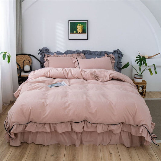Bow Ruffle 4-Piece Bedding Set/Duvet Cover Set Solid Color 1 Bed Skirt 1 Duvet Cover 2 Pillowcases Soft Comfortable Durable Cotton