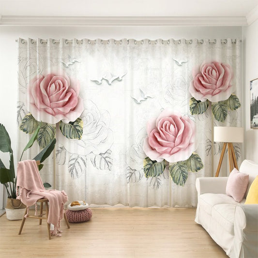 3D Floral Curtains Pink Roses Print Curtains Drapes 2 Panel Set for Living Room Bedroom Decoration Window