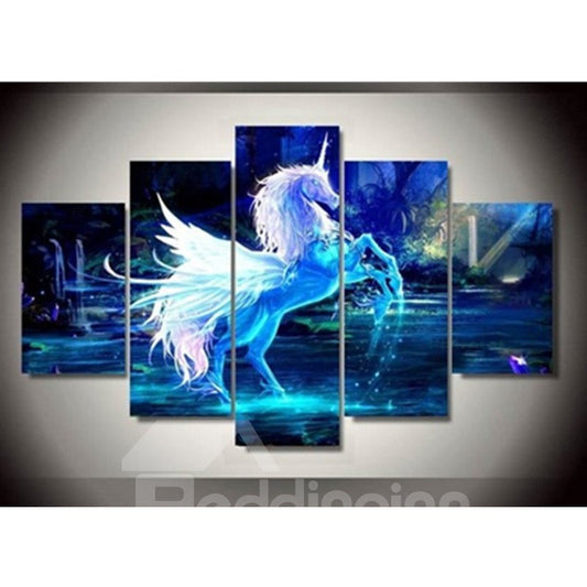 Lienzo de 5 piezas colgante con estampado de unicornio azul, impresiones sin marco ecológicas e impermeables