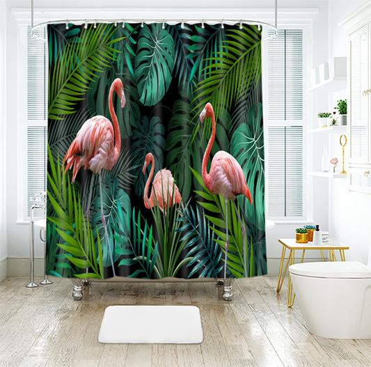 Flamingo with Botanical Leaves Print Shower Curtain, Bird Theme Shower Curtain with Cloth Fabric Bathroom Decor Set with Hooks, 72 x 72 Inches
