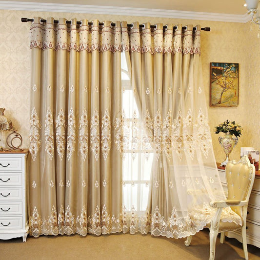Europäische Stickerei-Blumen-Verdunklungs-Dekor-Vorhang-Sets, individuelle 2-teilige Vorhänge, kein Pilling, kein Ausbleichen, kein Abstreifen 