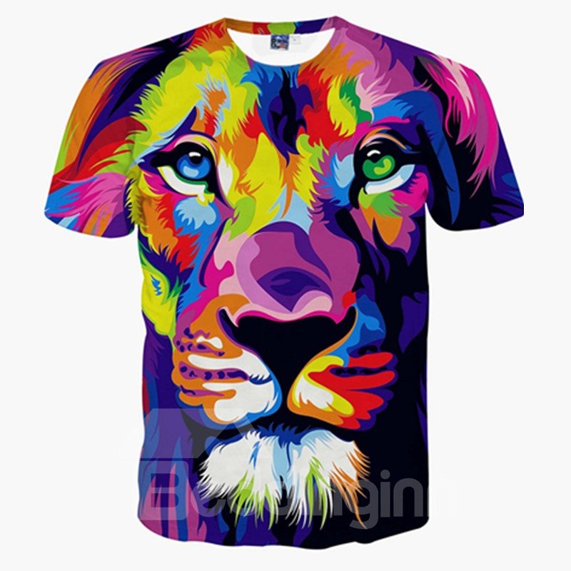 Buntes Rundhals-T-Shirt mit Löwengesichtsmuster und 3D-Bemalung