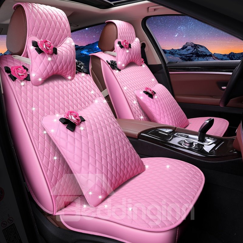 Girly Lovely Juego completo de funda de asiento de coche universal de cuero resistente al agua de color rosa, funda de cojín para vehículos automotrices, SUV, camioneta