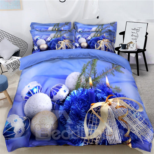 Glistening Christmas Tree Blue Printed 3D 4-Piece Bedding Sets Duvet Covers Colorfast Wear-resistant Endurable Skin-friendly All-Season Ultra-soft Microfiber No-fading