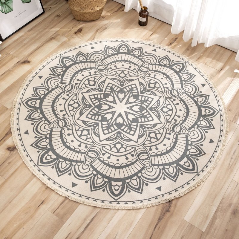 Rutschfester runder Bodenteppich aus 100 % Baumwolle mit Mandala-Aufdruck für Wohnzimmer und Schlafzimmer 