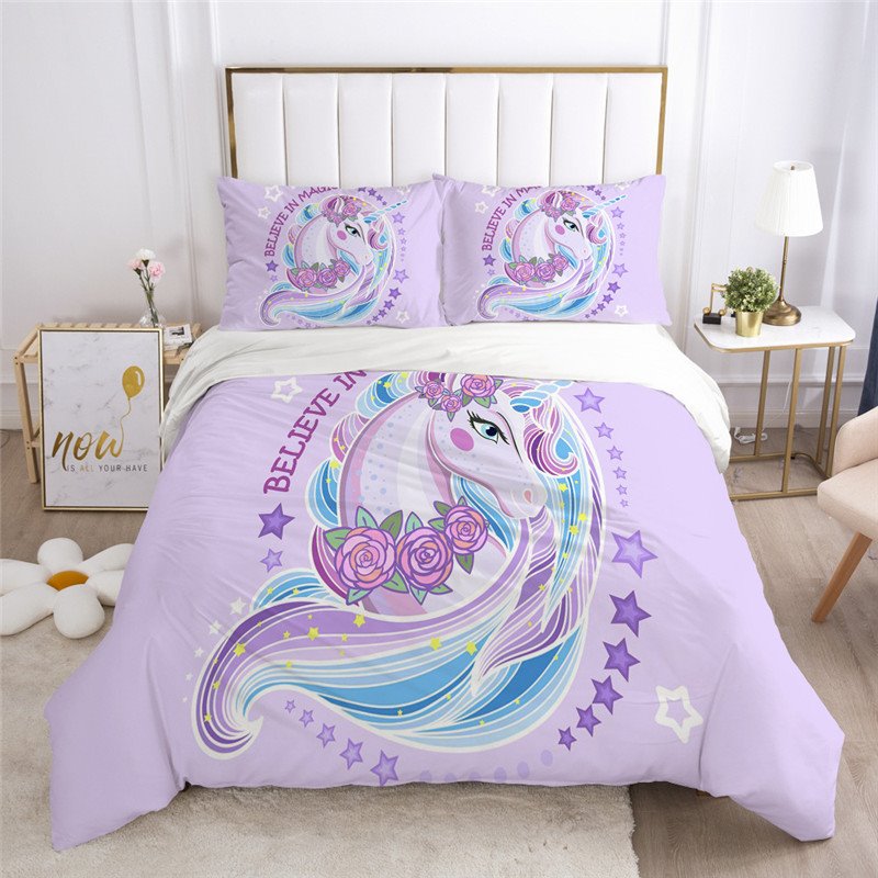 Cartoon Unicorn 3-Piece Bedding Set Soft Skin-friendly Polyester Gift for Girls Bedroom