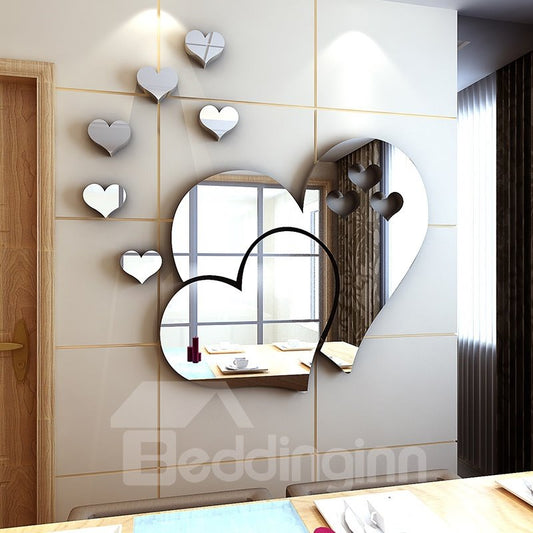 Espejo acrílico plateado en forma de corazón, pegatinas de pared 3D impermeables y ecológicas