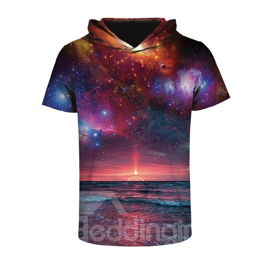 Sunset in the Deep Sea Bequemes Rundhals-3D-Kurzarm-T-Shirt für Herren mit Kapuze