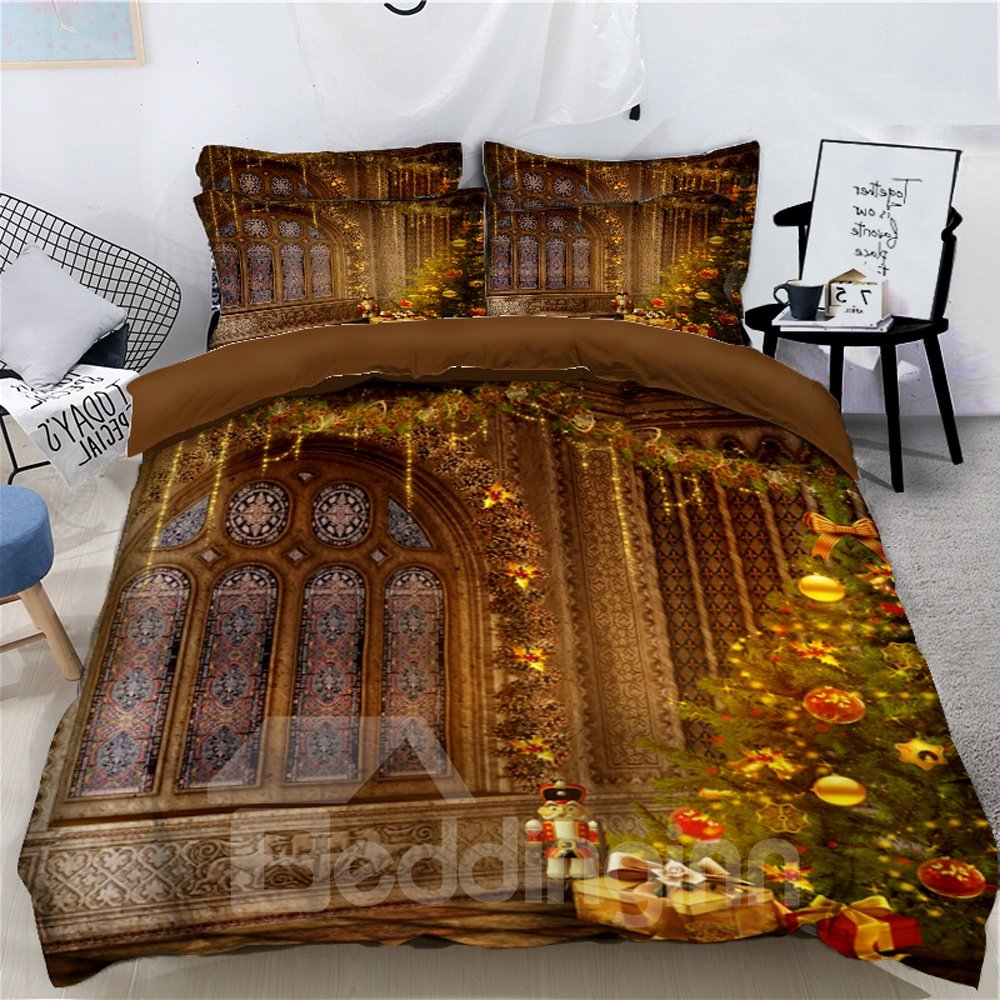 Christmas Tree with Decorations and Stove Printed 3D 4-Piece Bedding Sets Duvet Covers Colorfast Wear-resistant Endurable Skin-friendly All-Season Ultra-soft Microfiber No-fading