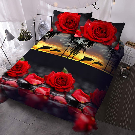 3-teiliges 3D-Bettdecken-Set/Bettwäsche-Set mit roten Rosen und Sonnenuntergang, mit 2 Kissenbezügen 