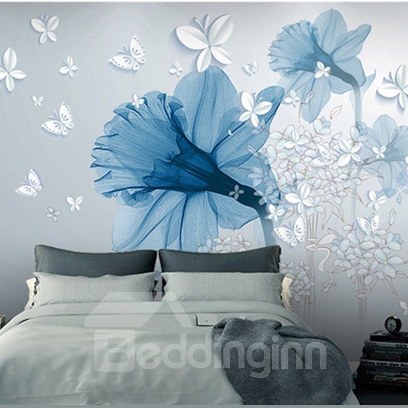 Waterproof Environment Friendly Non-woven Fabrics Blue Big Flower 3D Wall Murals/Wallpaper