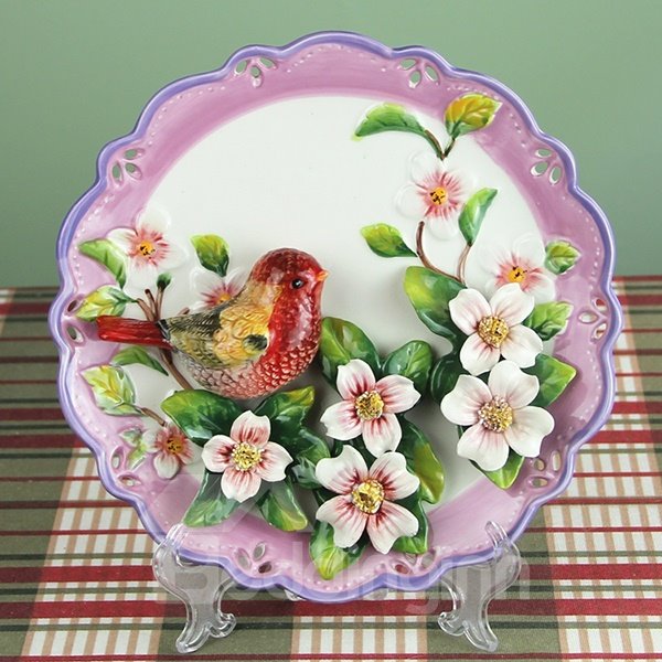 Ceramic Red Bird and Flower Pattern Plate Desktop Decoration Painted Pottery