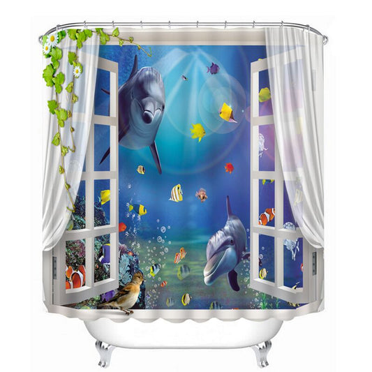 Dolphin Fish World Printed Shower Curtain for Bathroom Accessories Decor, Waterproof Heavy Duty Ocean Theme Shower Curtain