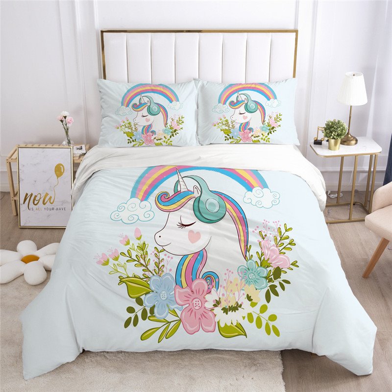 Cartoon Unicorn 3-Piece Bedding Set Soft Skin-friendly Polyester Gift for Girls Bedroom
