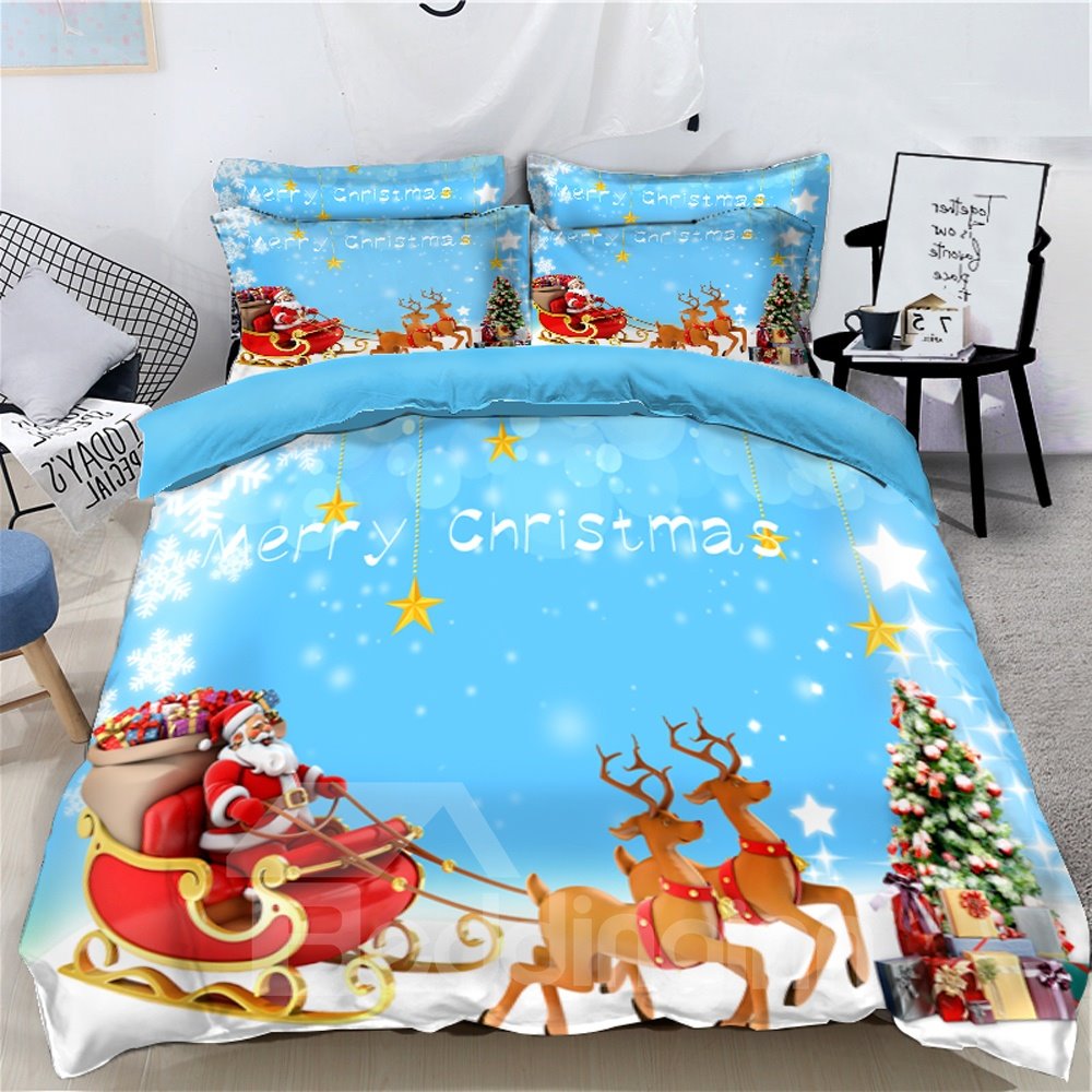 Reindeer Pull Santa's Sleigh Merry Christmas 4-Piece 3D Bedding Sets Duvet Covers Colorfast Wear-resistant Endurable Skin-friendly All-Season Ultra-soft Microfiber No-fading