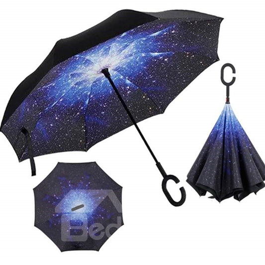 Erstaunlicher, doppelschichtiger, winddichter, umgekehrt faltbarer, wendbarer Regenschirm mit Galaxiemuster