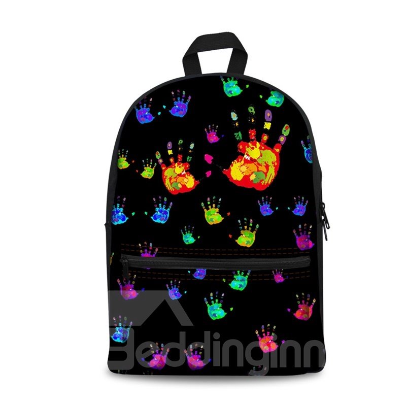 3D-Cool-Style, bunter Handabdruck mit schwarzem Farbmuster auf der Unterseite, waschbarer, leichter Schul- und Outdoor-Rucksack