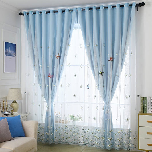 Cortina opaca y decorativa bordada y transparente para coser juntos, cortina azul de 2 paneles 