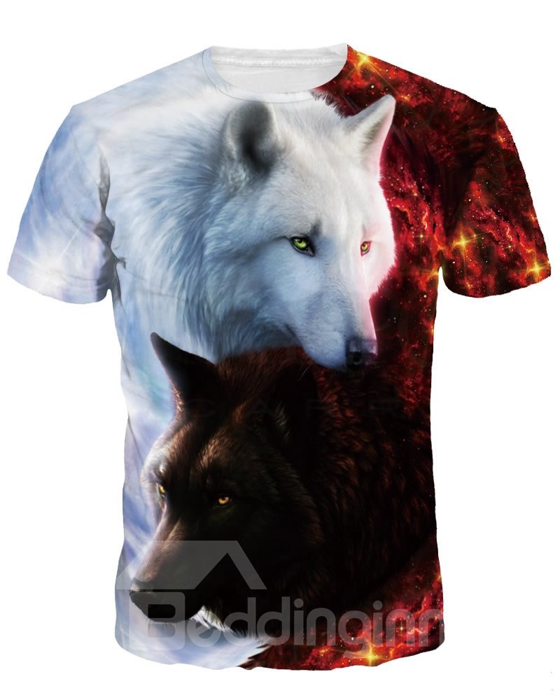 Schwarz-weißes Pärchen-Wolf-Kurzarm-T-Shirt mit Rundhalsausschnitt und 3D-Bemalung