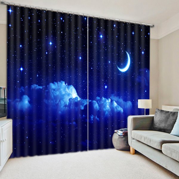 3D Printed Living Room Scenery Curtains Moon Night Starry Sky Polyester 2 Panels Custom Darkening Blackout No Pilling No Fading No off-lining