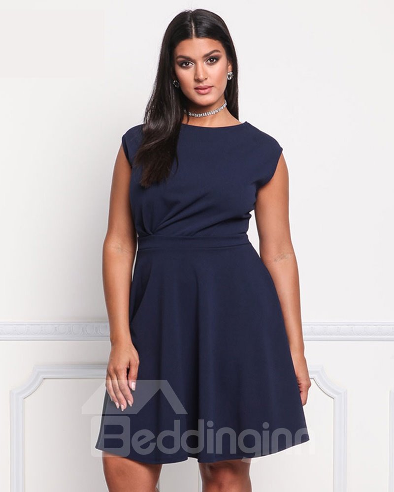 High-Waist Sleeve A-Line Silhouette Polyester Plus Size Dress