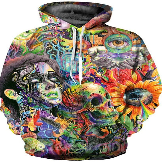 Sudadera con capucha pintada en 3D con estampado floral de calavera de niña de manga larga