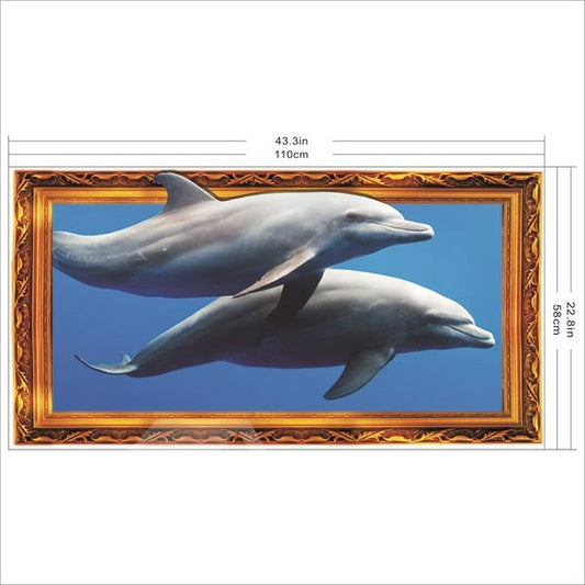 Fantásticos delfines nadando en el mar Adhesivo de pared 3D extraíble enmarcado