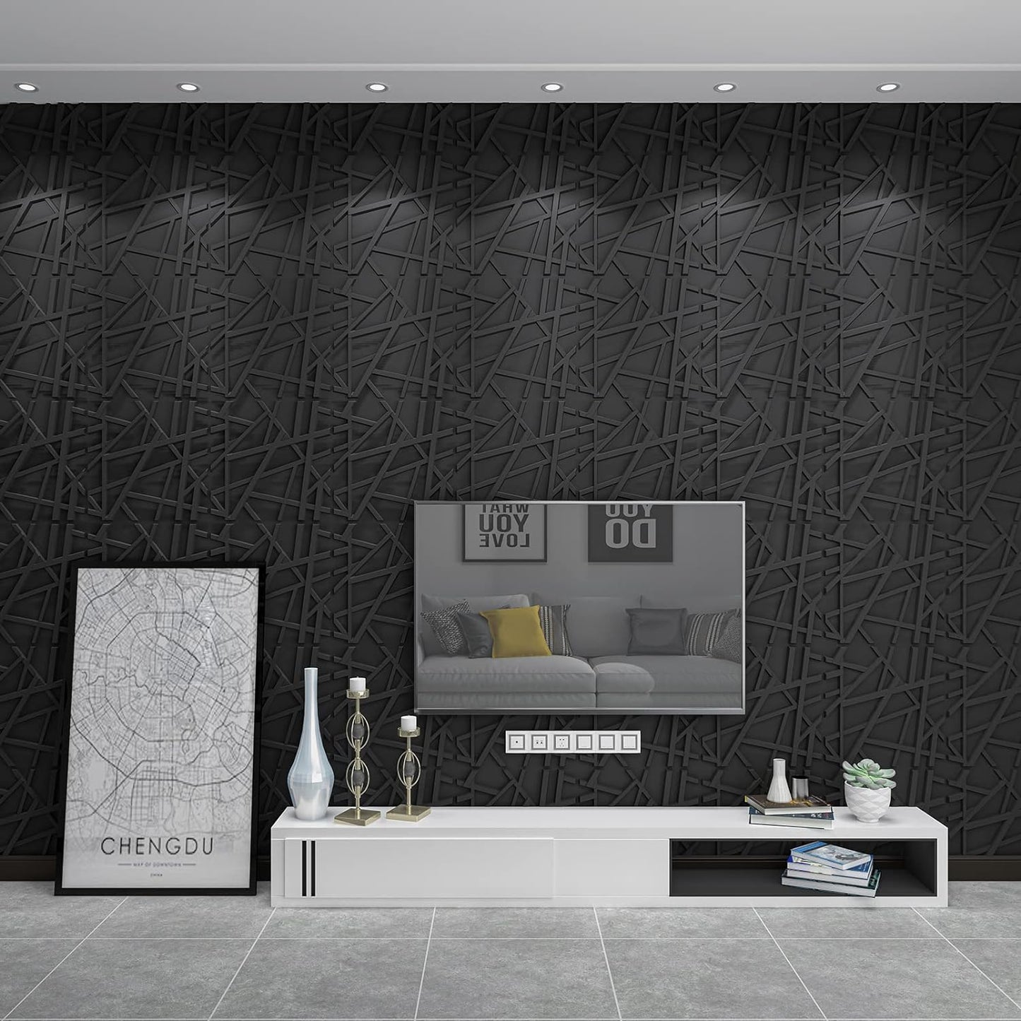 Art3d Paneles de pared 3D negros con texturas decorativas de PVC para decoración de paredes interiores, decoración de paredes negras, paquete de 12 azulejos de 32 pies cuadrados